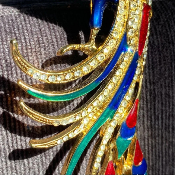 Colorful Bird Brooch In Blue, Red, Green Enamel and Sparkly Rhinestones in Gold - Picture 16 of 16